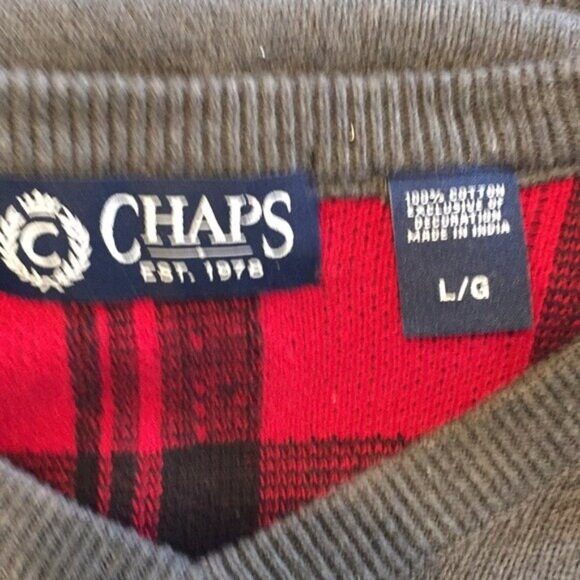 Chaps Mens V-Neck Gray Pullover V Neck Sweater Red Plaid Elbow Patches Large - Picture 3 of 5